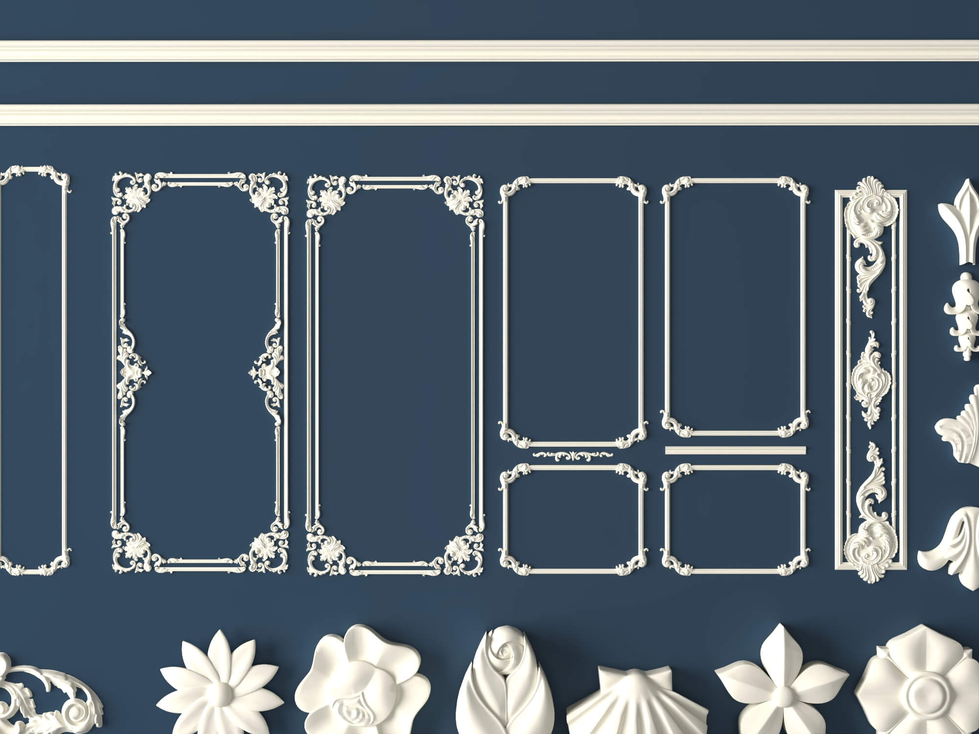 Plaster Frame Corbel and Floral Ornament Molding Set 3D Model