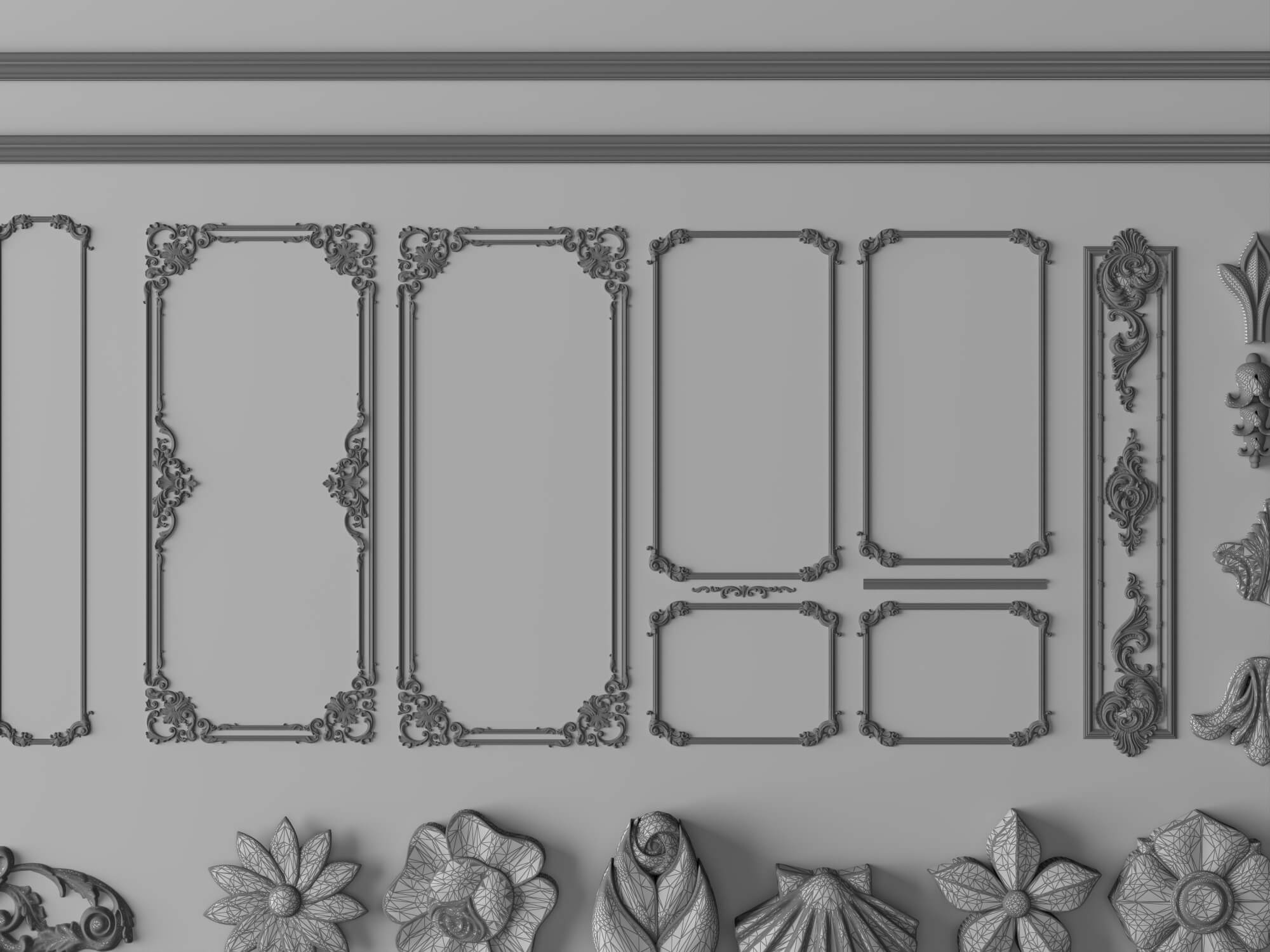 Plaster Frame Corbel and Floral Ornament Molding Set 3D Model
