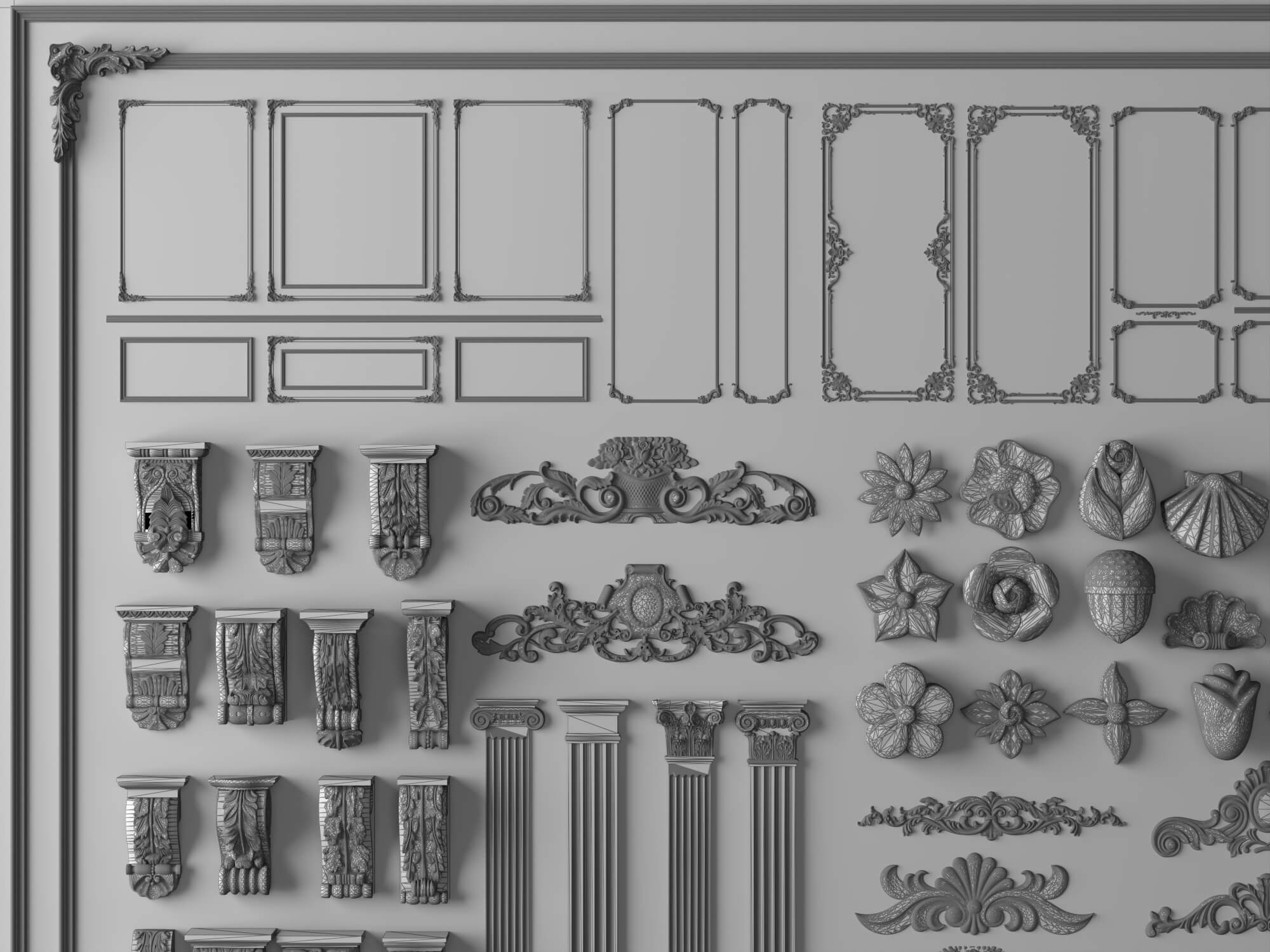 Plaster Frame Corbel and Floral Ornament Molding Set 3D Model