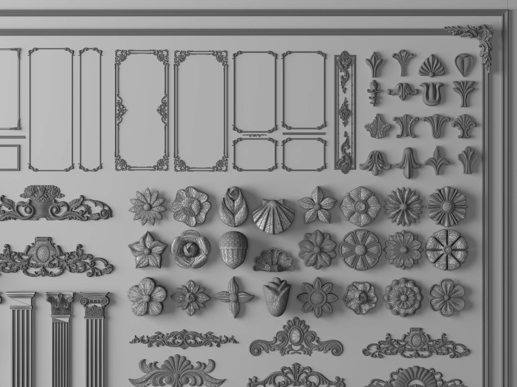 Plaster Frame Corbel and Floral Ornament Molding Set 3D Model