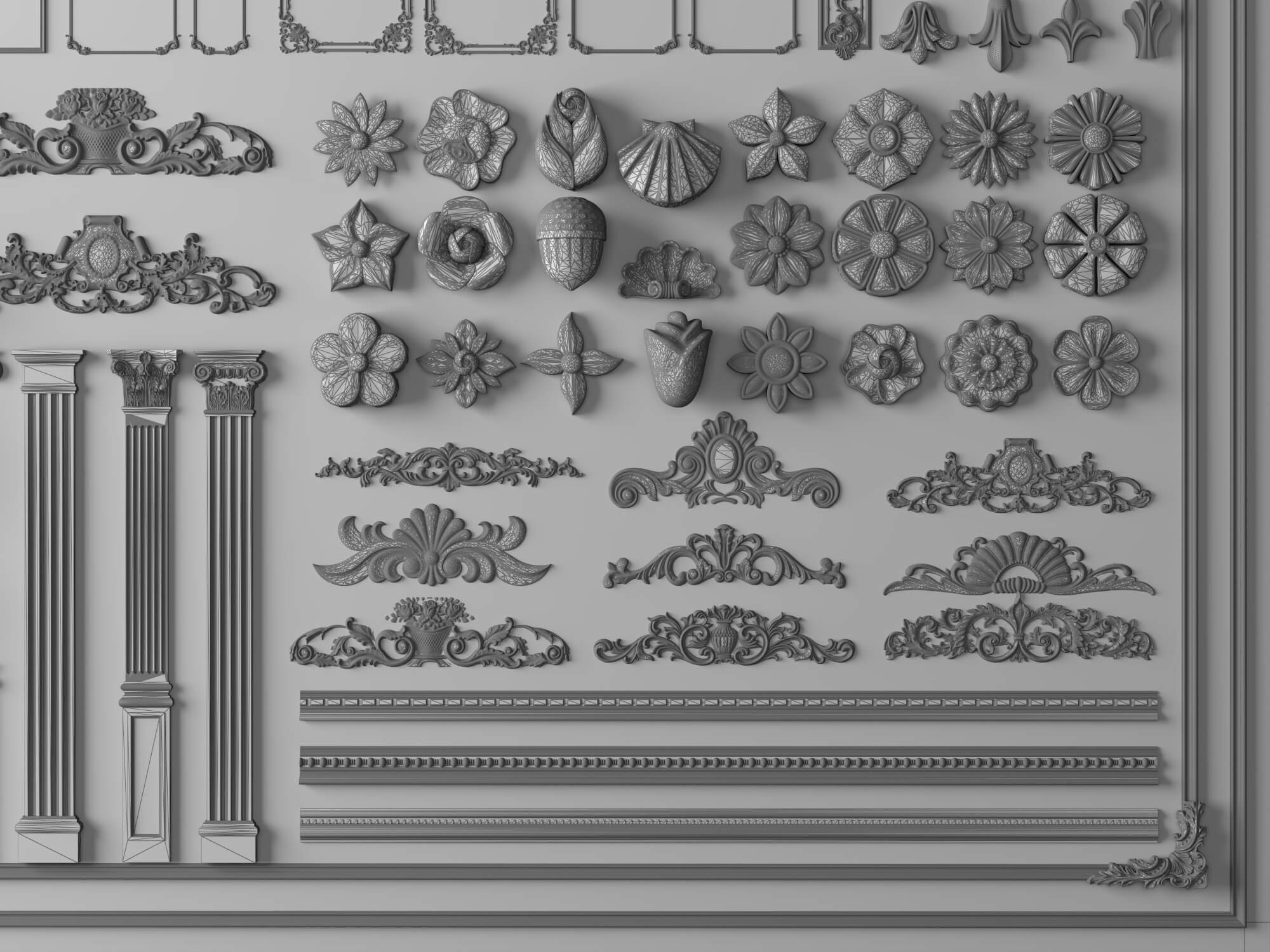 Plaster Frame Corbel and Floral Ornament Molding Set 3D Model