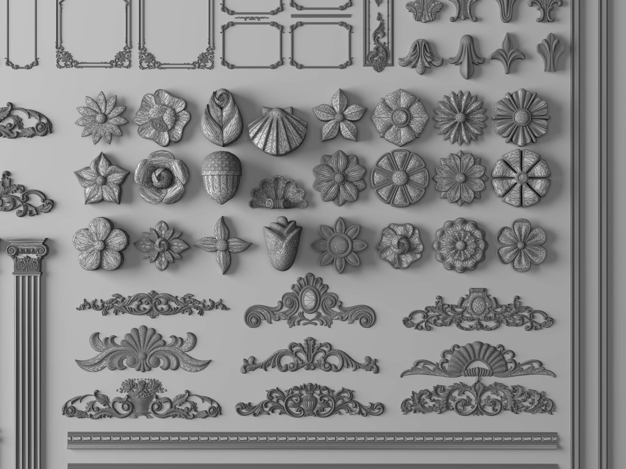 Plaster Frame Corbel and Floral Ornament Molding Set 3D Model