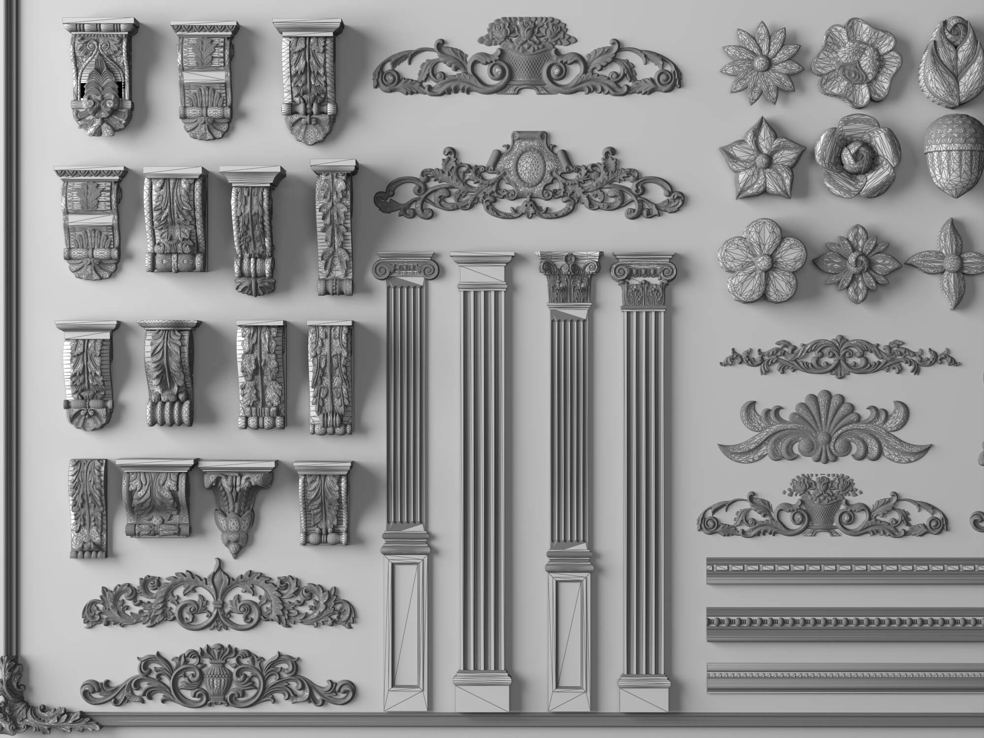Plaster Frame Corbel and Floral Ornament Molding Set 3D Model