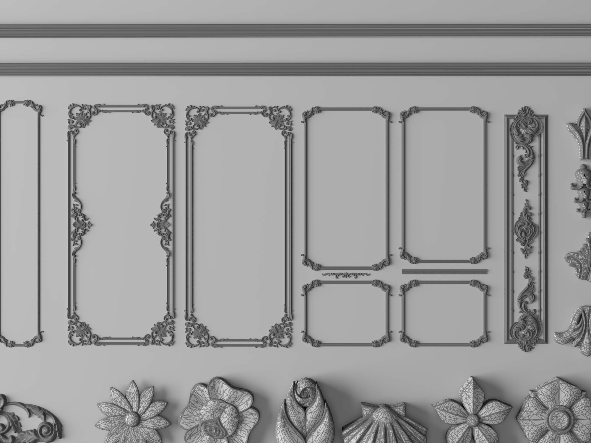 Plaster Frame Corbel and Floral Ornament Molding Set 3D Model