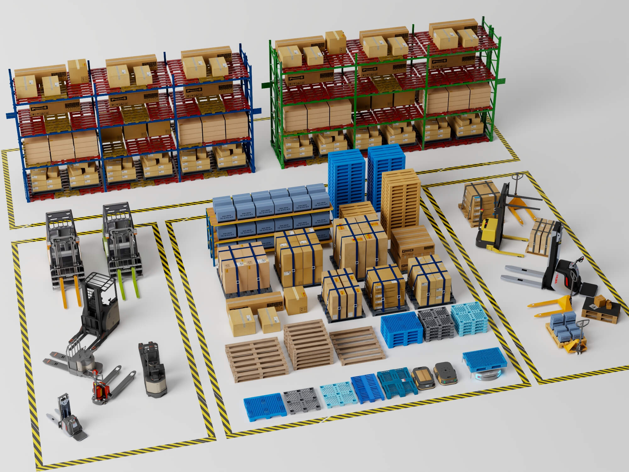 Warehouse Racking Forklift and Cargo Pallet Asset Pack 3D Model