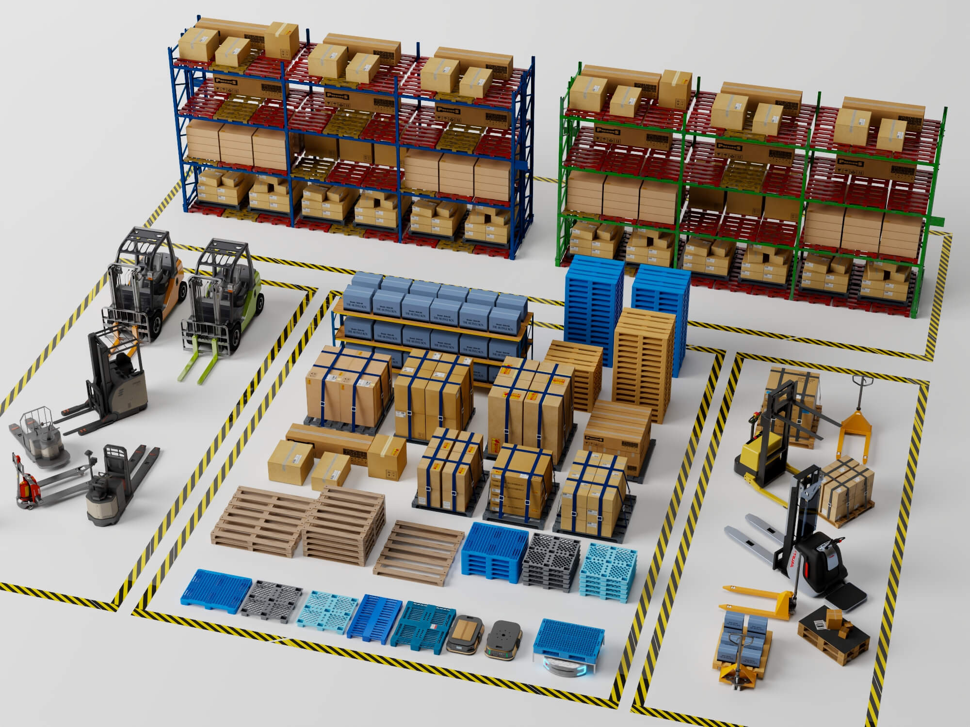 Warehouse Racking Forklift and Cargo Pallet Asset Pack 3D Model