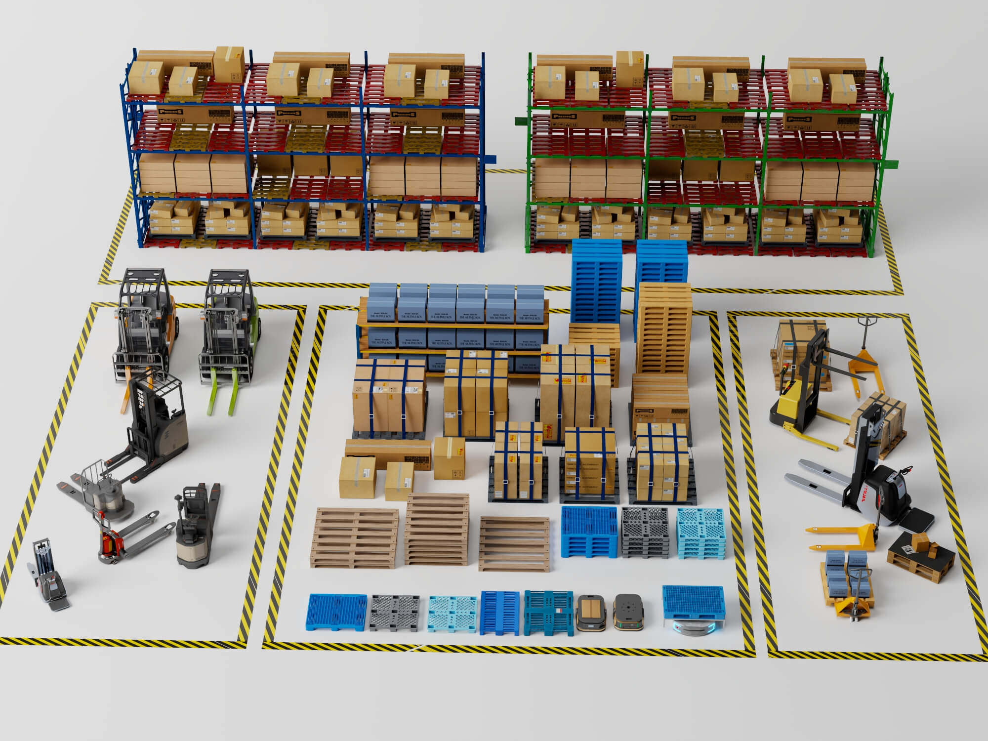 Warehouse Racking Forklift and Cargo Pallet Asset Pack 3D Model