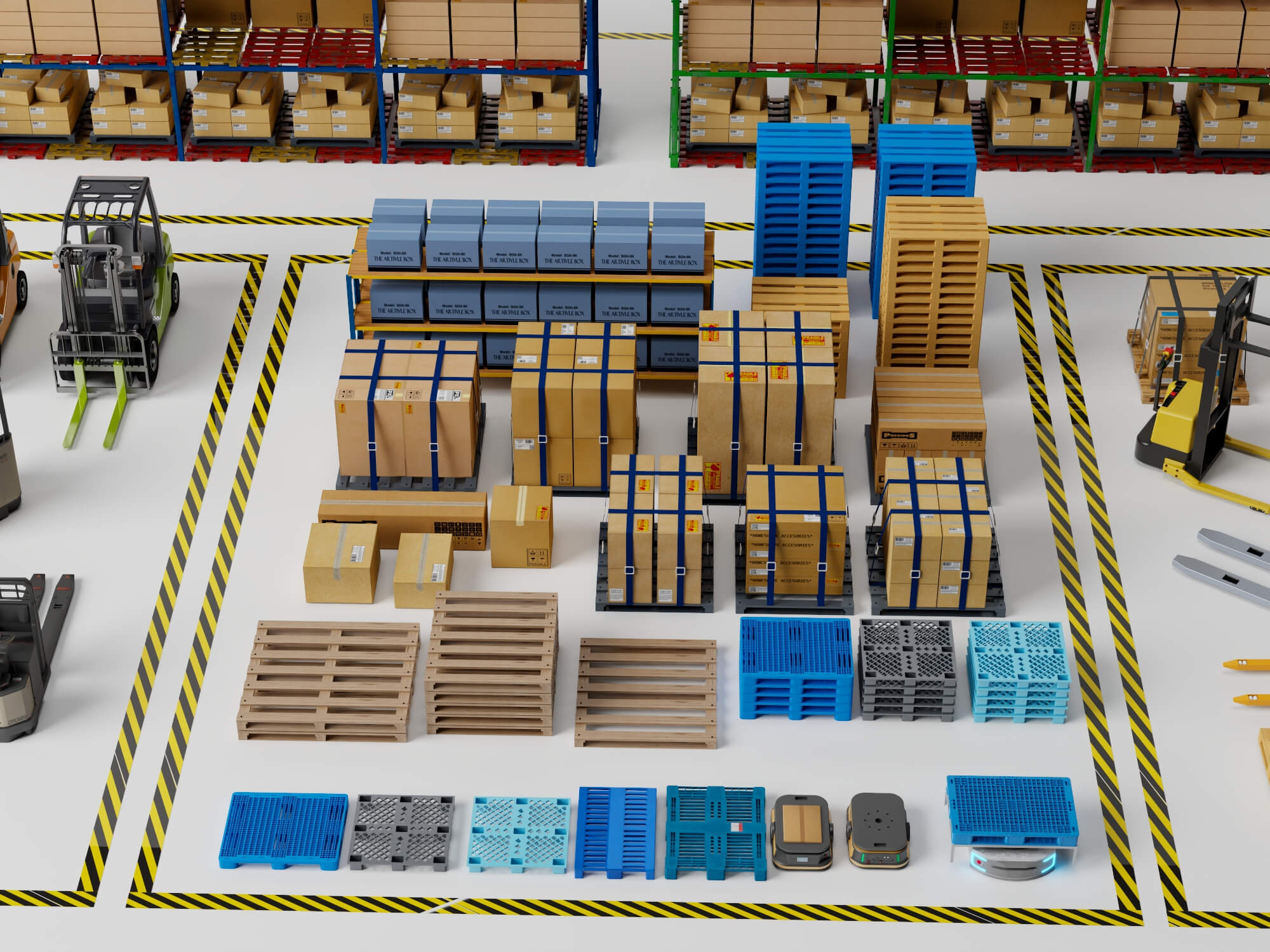Warehouse Racking Forklift and Cargo Pallet Asset Pack 3D Model