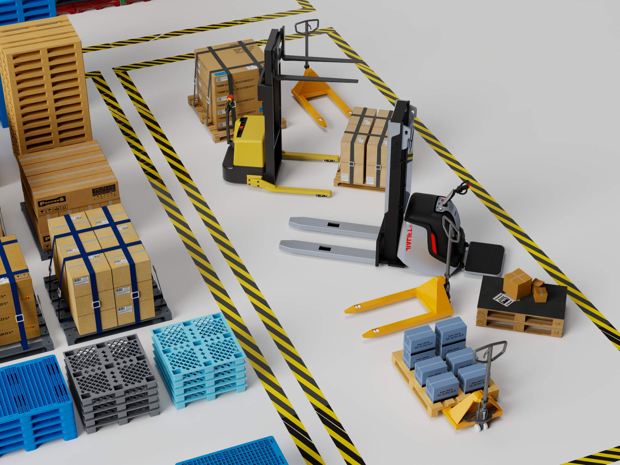 Warehouse Racking Forklift and Cargo Pallet Asset Pack 3D Model