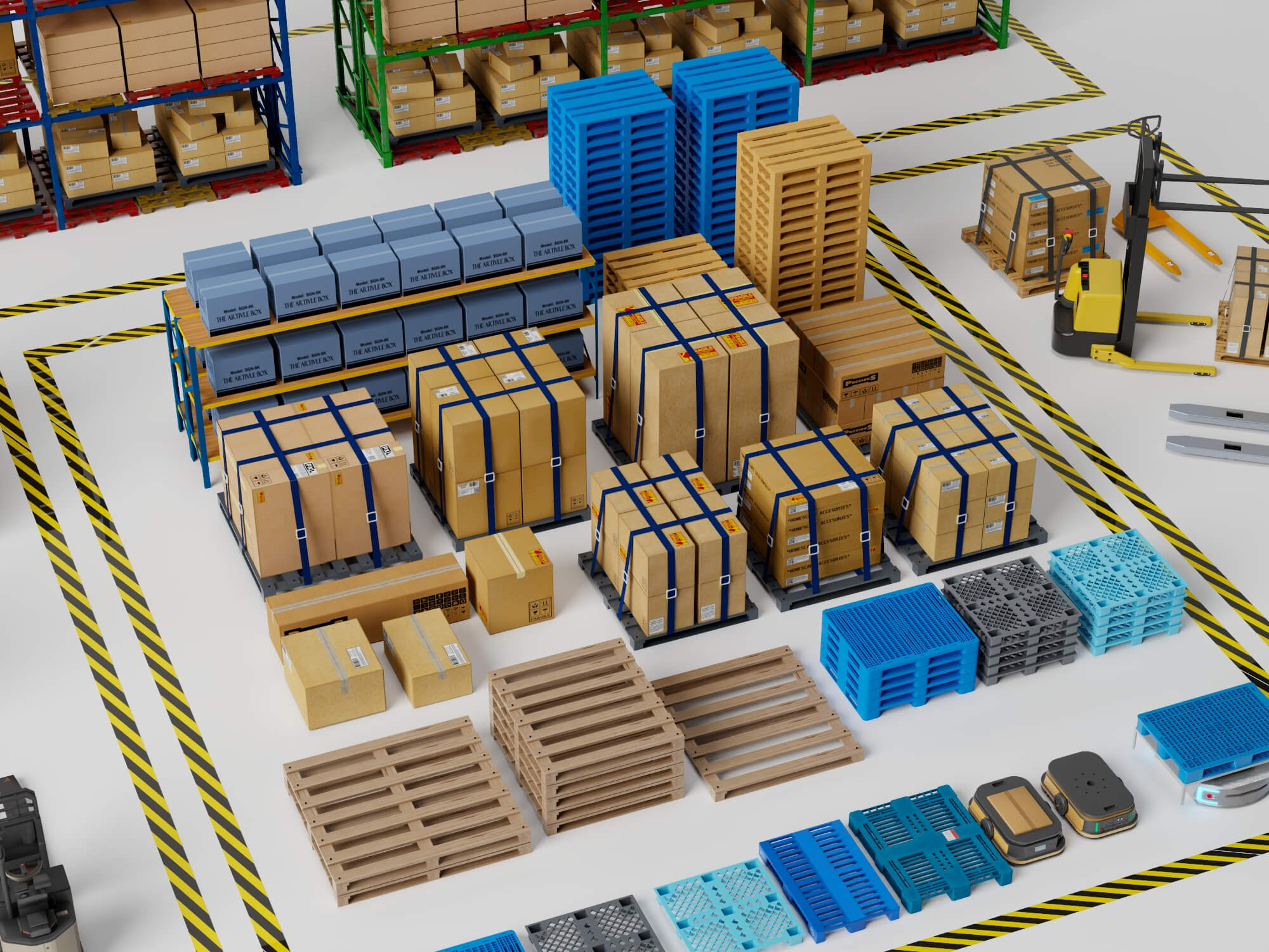 Warehouse Racking Forklift and Cargo Pallet Asset Pack 3D Model