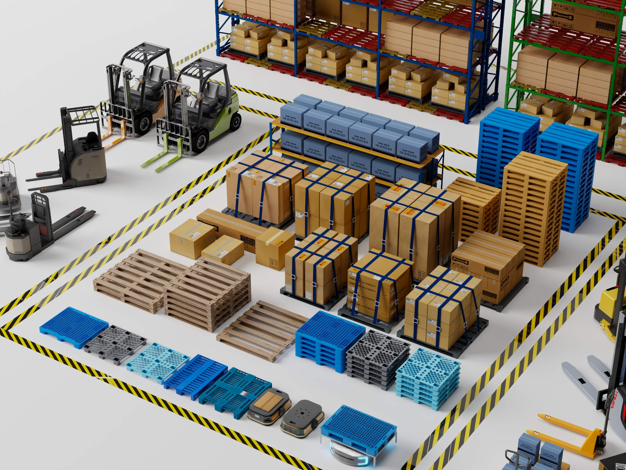Warehouse Racking Forklift and Cargo Pallet Asset Pack 3D Model
