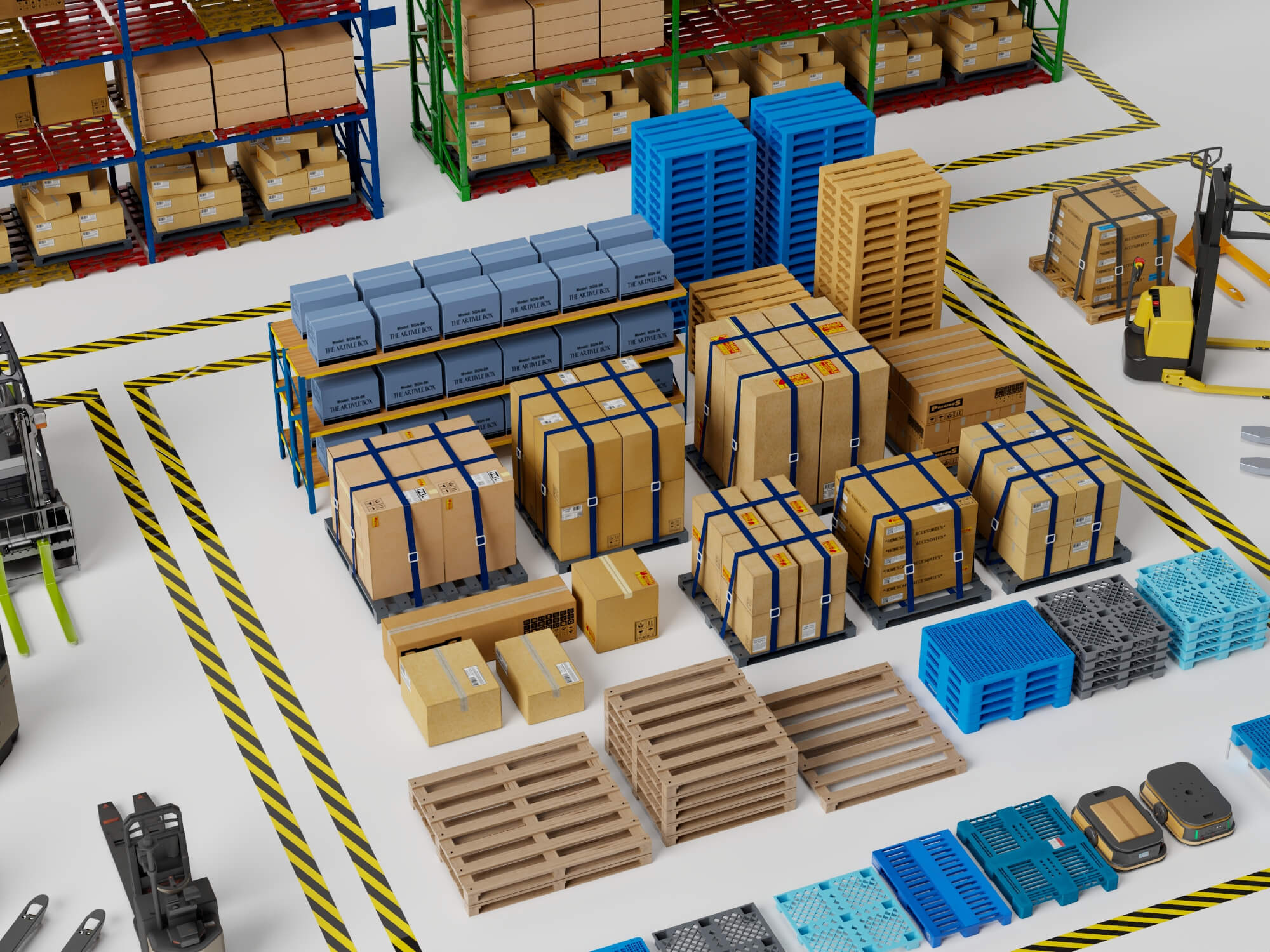Warehouse Racking Forklift and Cargo Pallet Asset Pack 3D Model