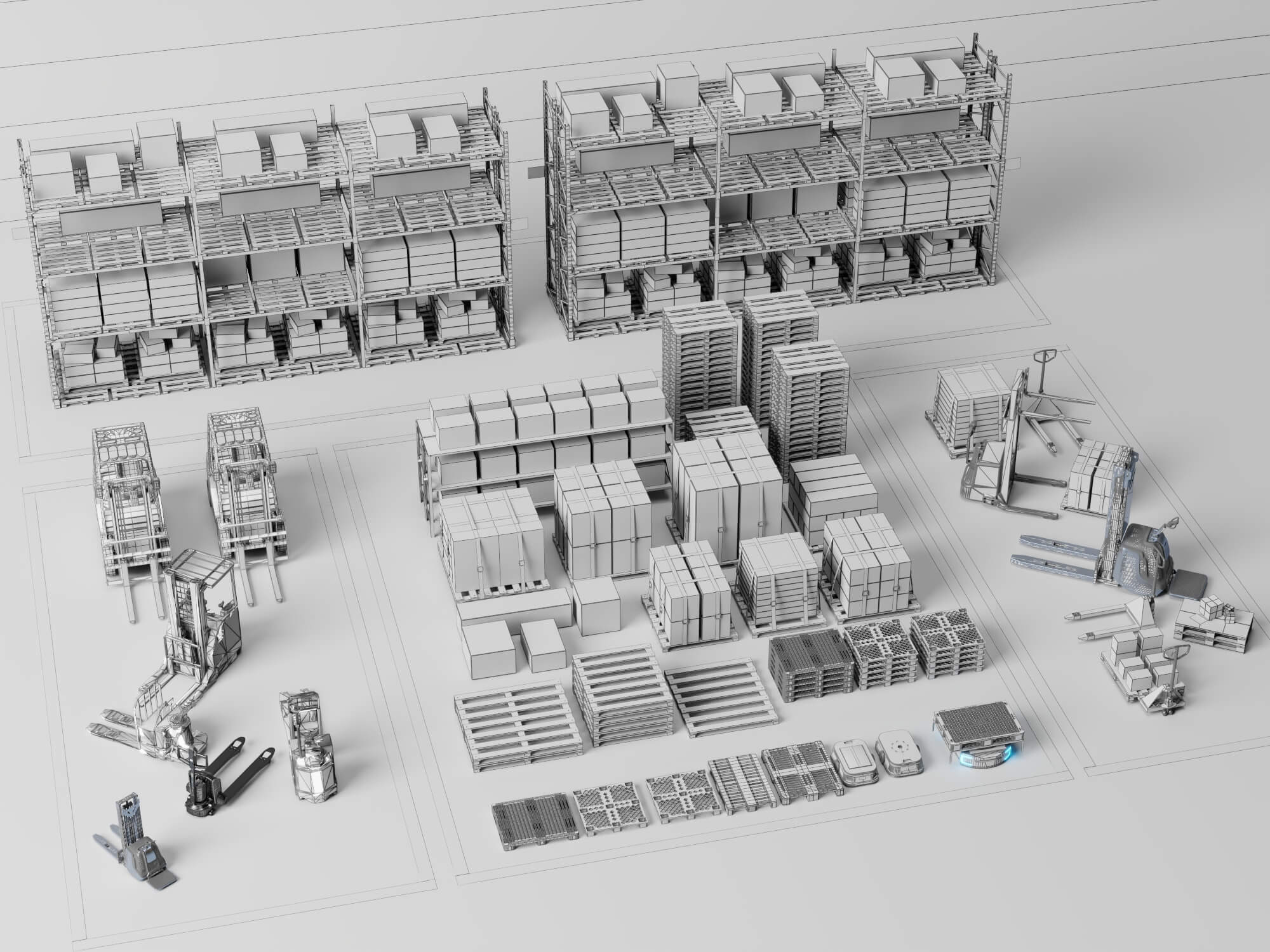 Warehouse Racking Forklift and Cargo Pallet Asset Pack 3D Model