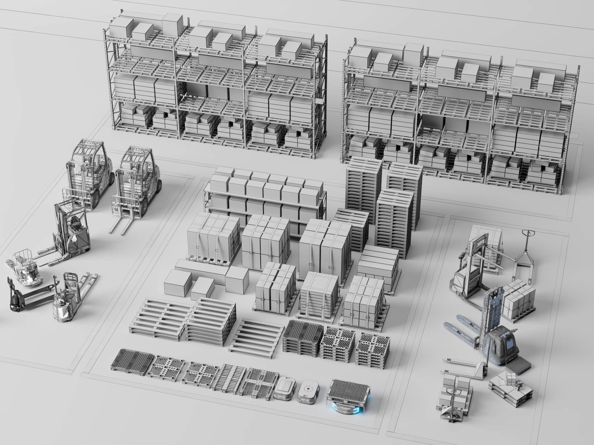 Warehouse Racking Forklift and Cargo Pallet Asset Pack 3D Model