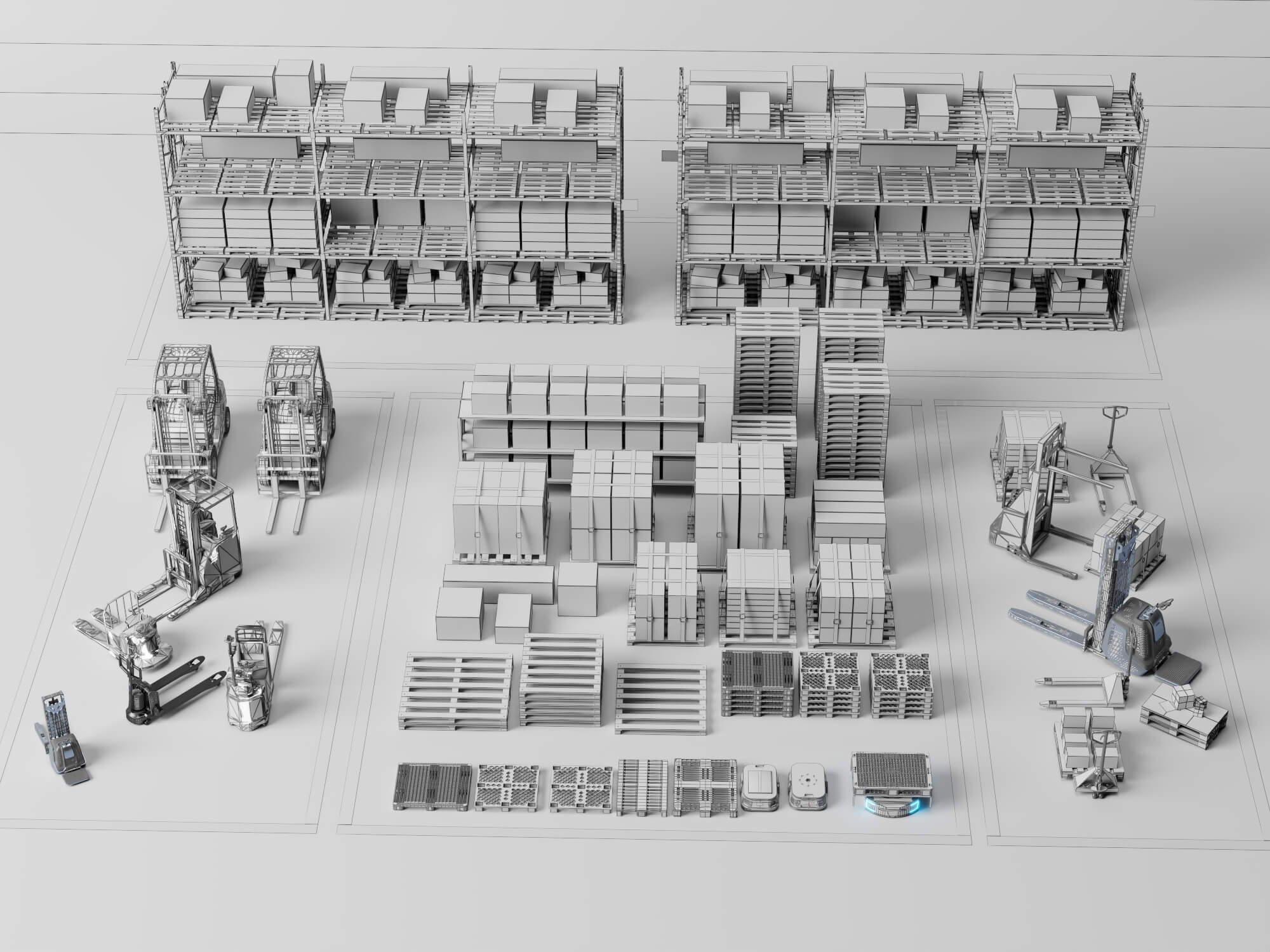 Warehouse Racking Forklift and Cargo Pallet Asset Pack 3D Model
