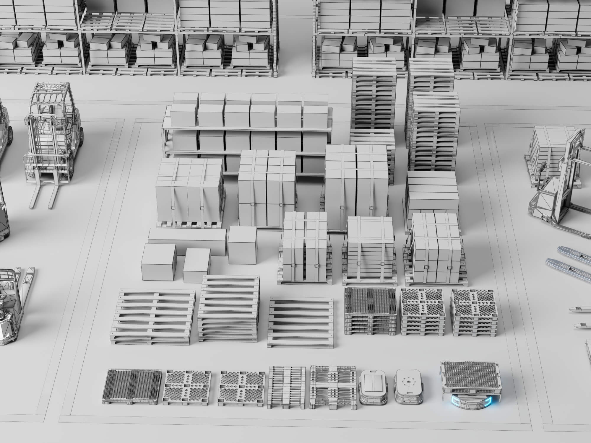 Warehouse Racking Forklift and Cargo Pallet Asset Pack 3D Model