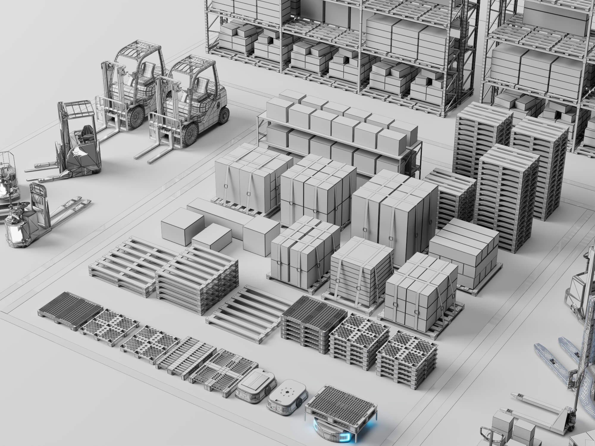 Warehouse Racking Forklift and Cargo Pallet Asset Pack 3D Model