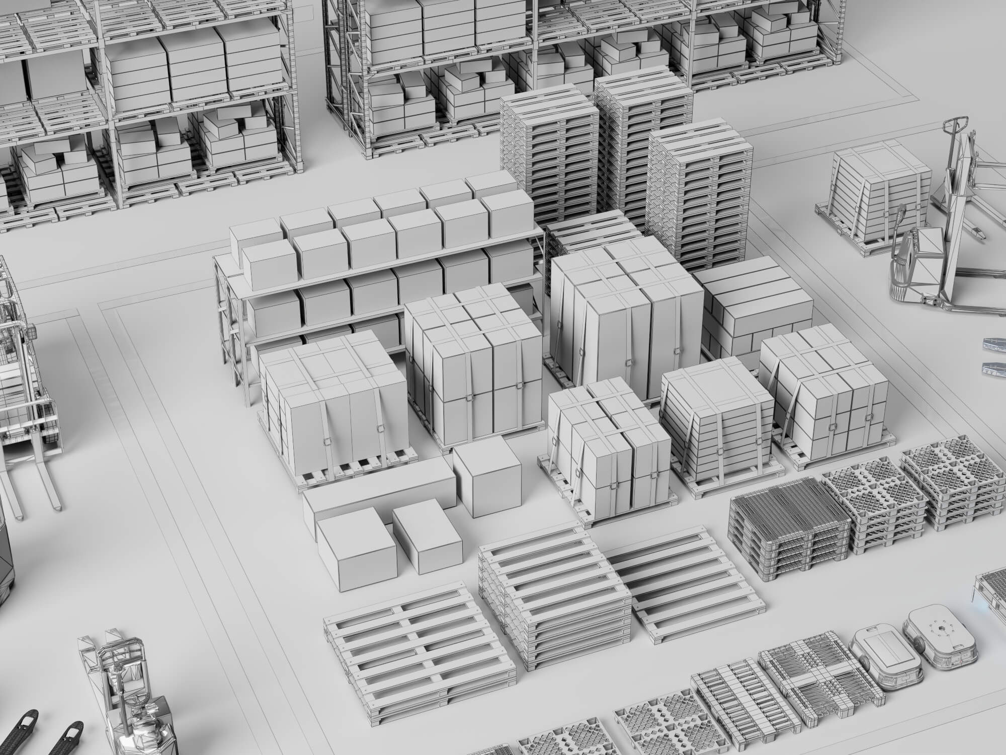 Warehouse Racking Forklift and Cargo Pallet Asset Pack 3D Model