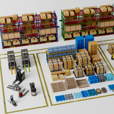 Warehouse Racking Forklift and Cargo Pallet Asset Pack
