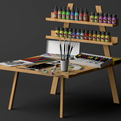 Wooden Art Desk with Painting Supplies 3D Model