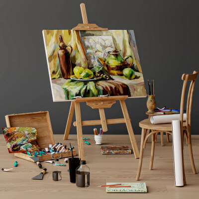 Wooden Easel with Still Life Painting and Art Supplies