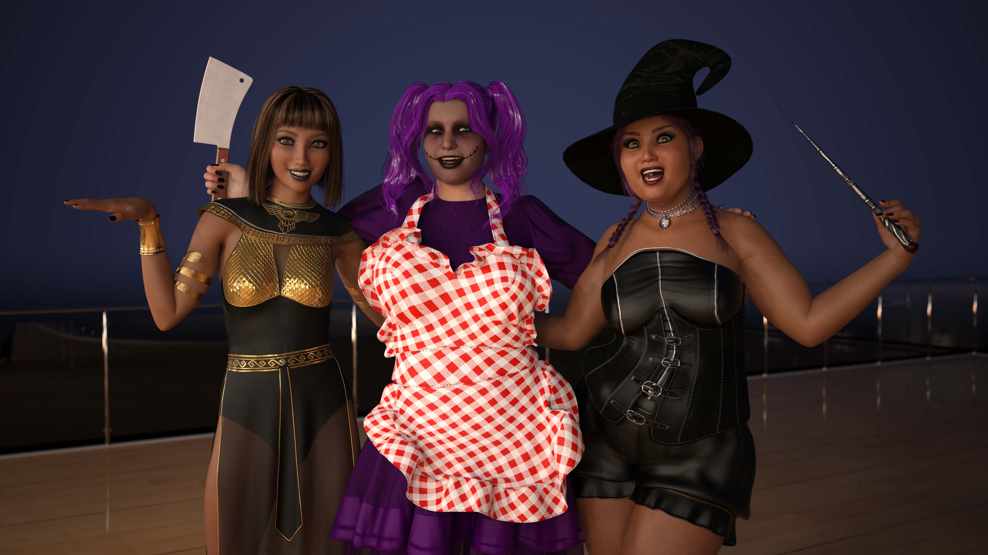 Halloween Party Gals 3D Render, Digital Artwork by Azzamacazza
