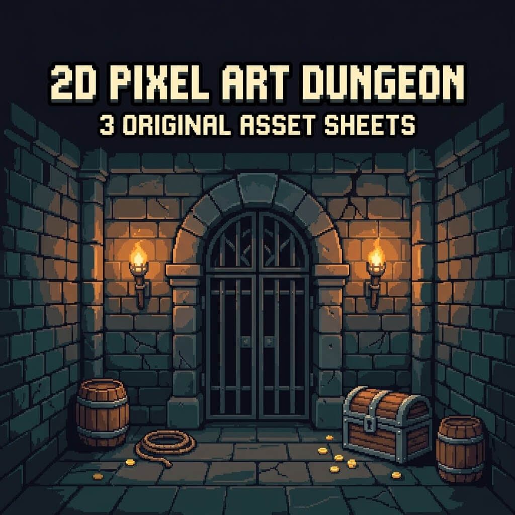 2D Pixel Art Dungeon Environment &ndash 3 Asset Sheets 2D Game Asset