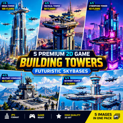 5 Premium 2D Game Building Towers – Futuristic Skybase