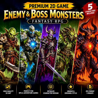 5 Premium 2D Game Enemy & Boss Monsters &ndash; Fantasy