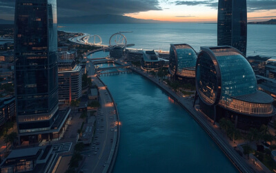 Celestial Horizon  Futuristic Coastal City 4K Desktop Wallpaper