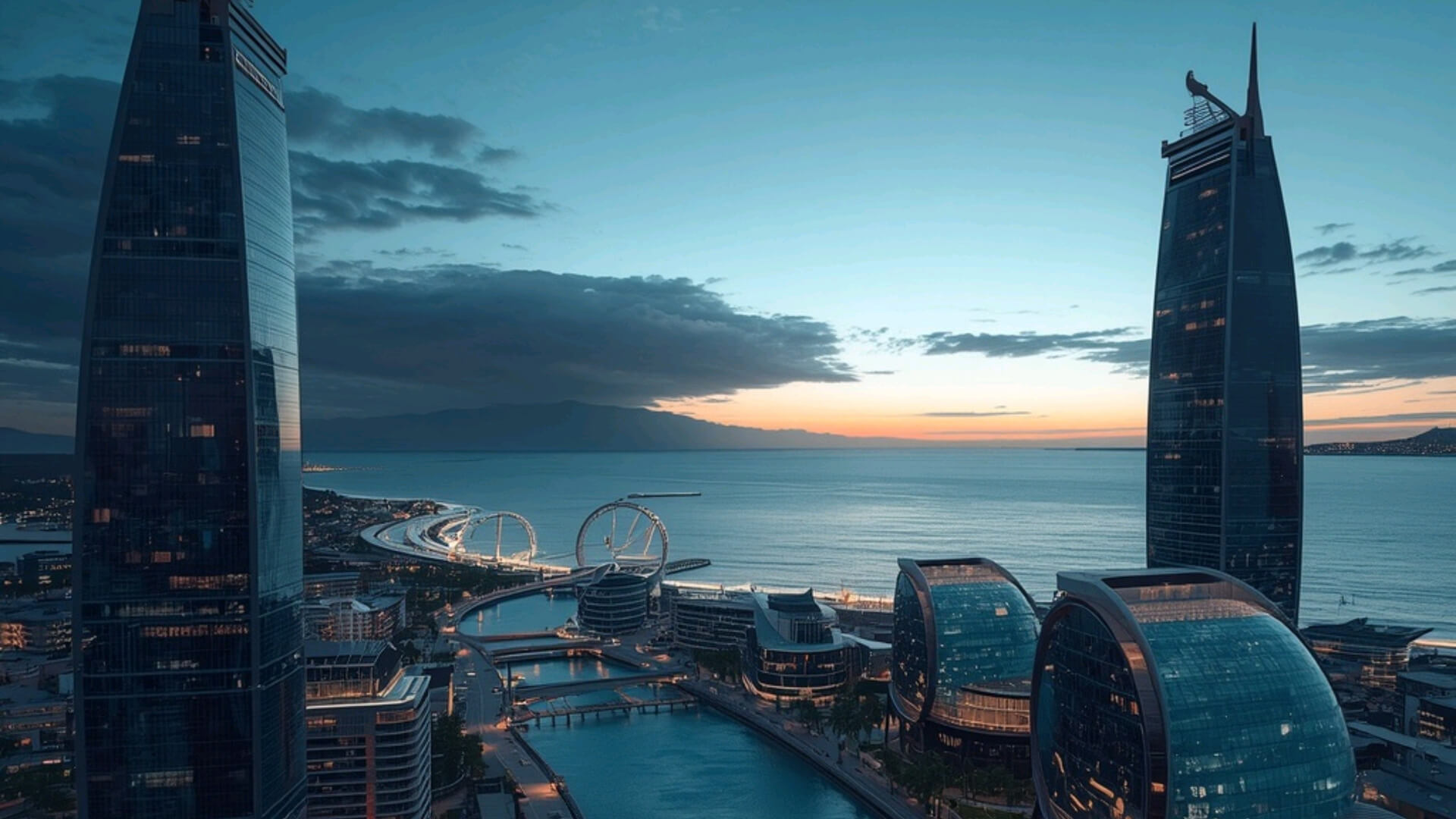 Celestial Horizon Futuristic Coastal City 4K 3D Wallpaper, 3D Wallpaper by BakhtiarAIStudio