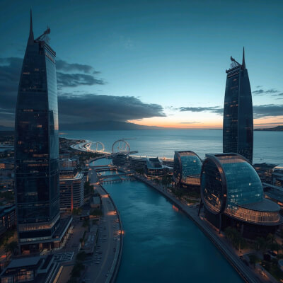 Celestial Horizon  Futuristic Coastal City 4K 3D Wallpaper