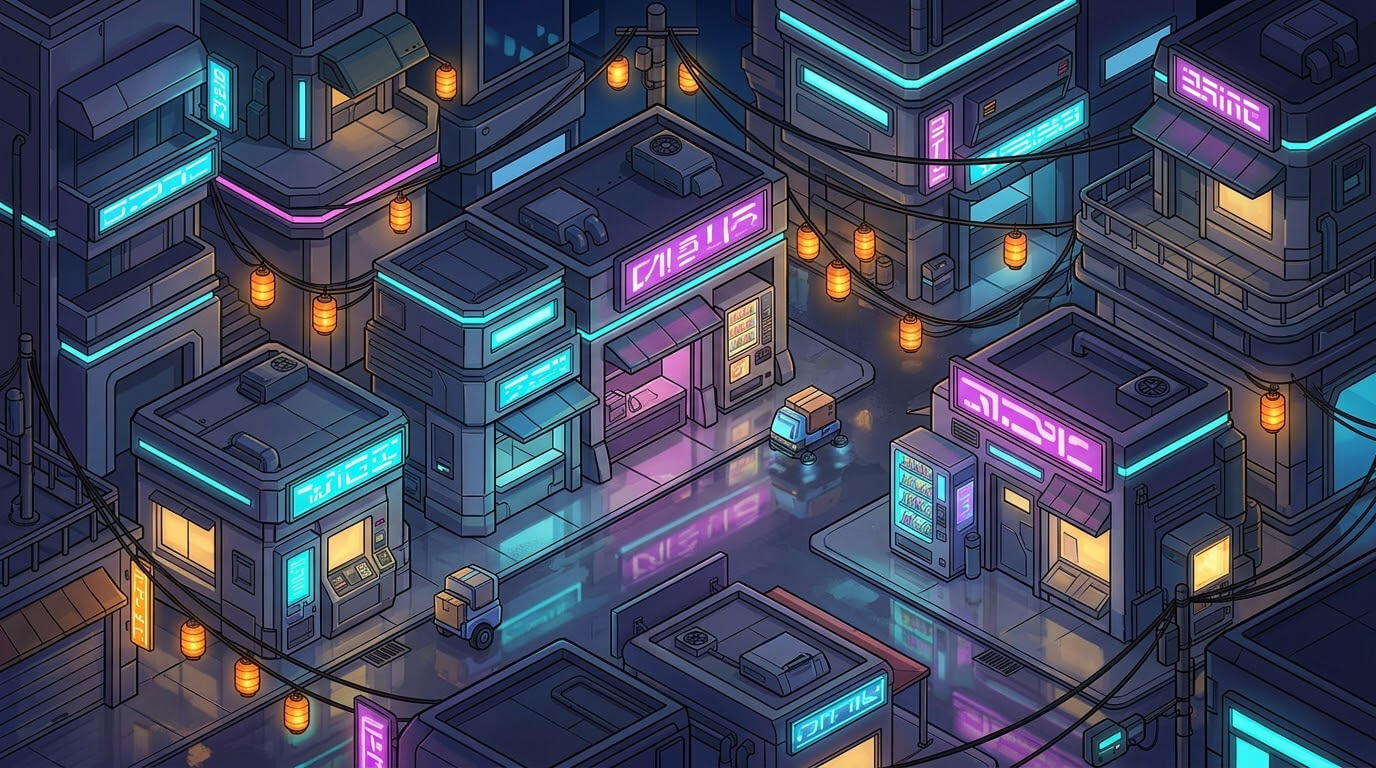 Stylized Isometric Cyberpunk Market 3 Original Game Art Sh 2D Game Asset
