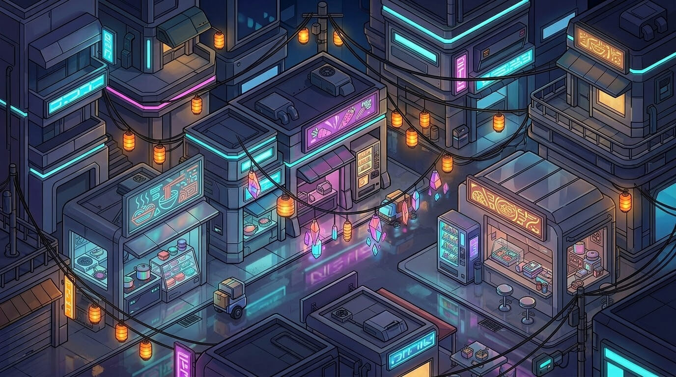 Stylized Isometric Cyberpunk Market 3 Original Game Art Sh 2D Game Asset