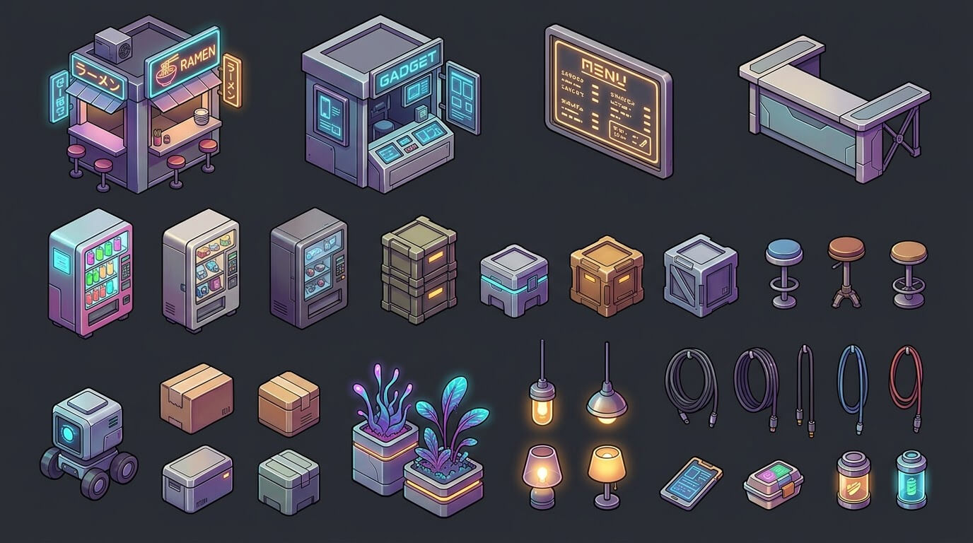 Stylized Isometric Cyberpunk Market 3 Original Game Art Sh 2D Game Asset