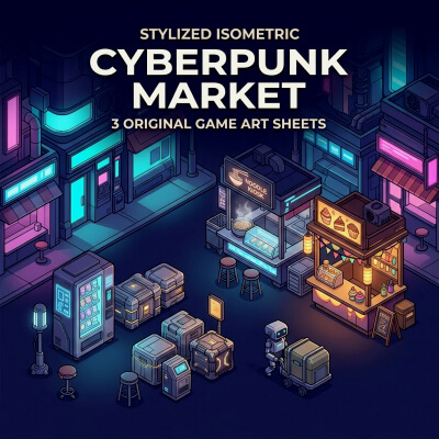 Stylized Isometric Cyberpunk Market 3 Original Game Art Sh