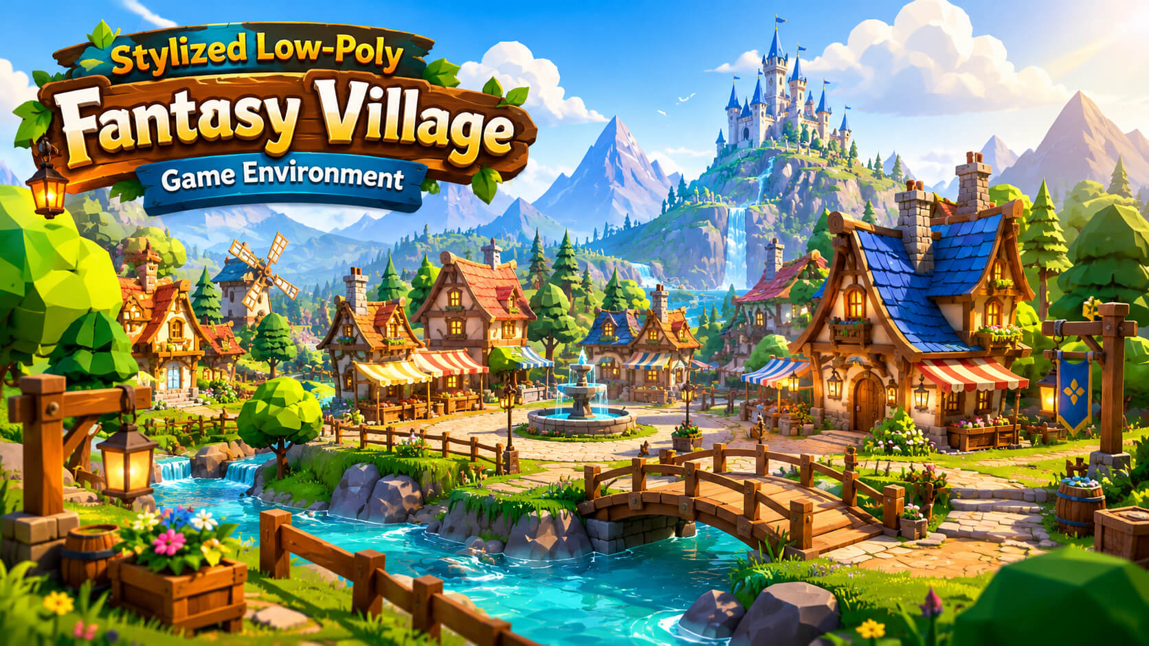 Stylized Low-Poly Fantasy Village Game Environment 2D Game Asset