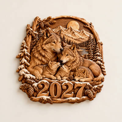 2027 Wolf Family CNC Wood Carving STL 3D Relief Model