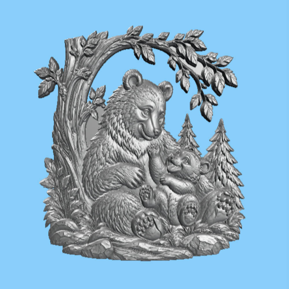 Bear Family Wooden CNC Bas Relief STL Wildlife Wall Art 3D Model