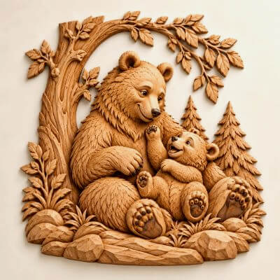 Bear Family Wooden CNC Bas Relief STL Wildlife Wall Art