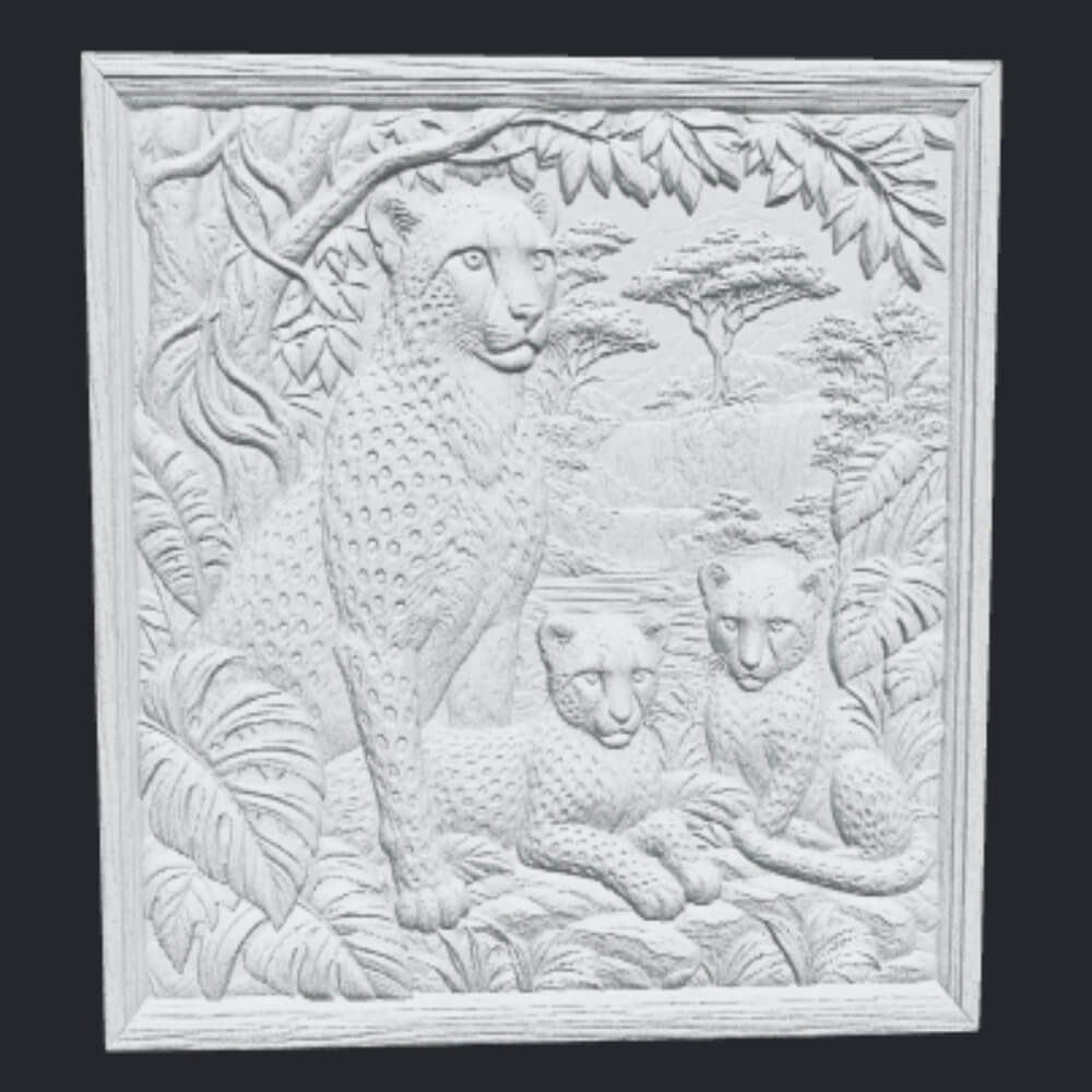 Cheetah Family Wooden CNC Bas Relief STL Wildlife Wall Art 3D Model