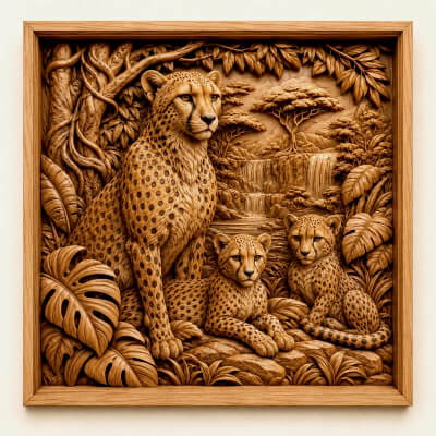 Cheetah Family Wooden CNC Bas Relief STL Wildlife Wall Art