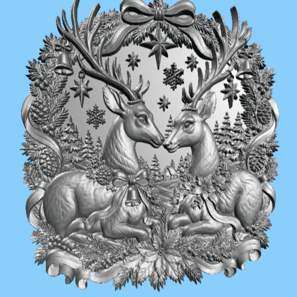 Christmas Deer Couple 3D Relief STL Reindeer CNC Carving Art 3D Model