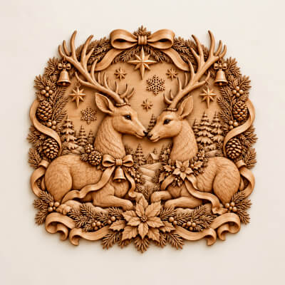 Christmas Deer Couple 3D Relief STL Reindeer CNC Carving Art