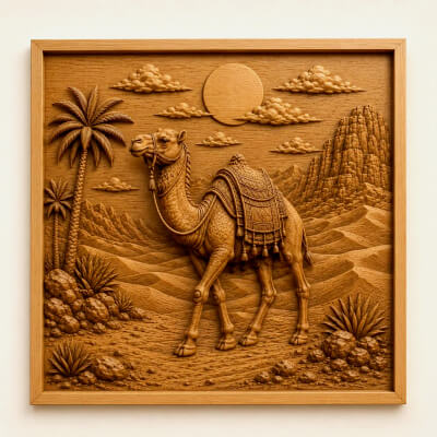 Desert Camel Wooden CNC Bas Relief STL, Arabian Wildlife Art