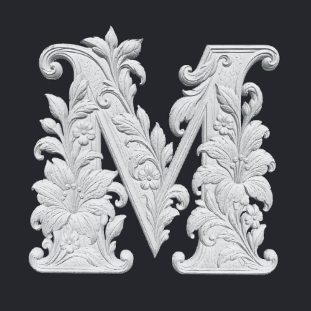 Floral Letter M CNC Wood Carving STL 3D Relief Model 3D Model