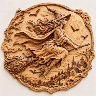 Flying Witch Wood Relief Art Halloween Gothic Wall Decor