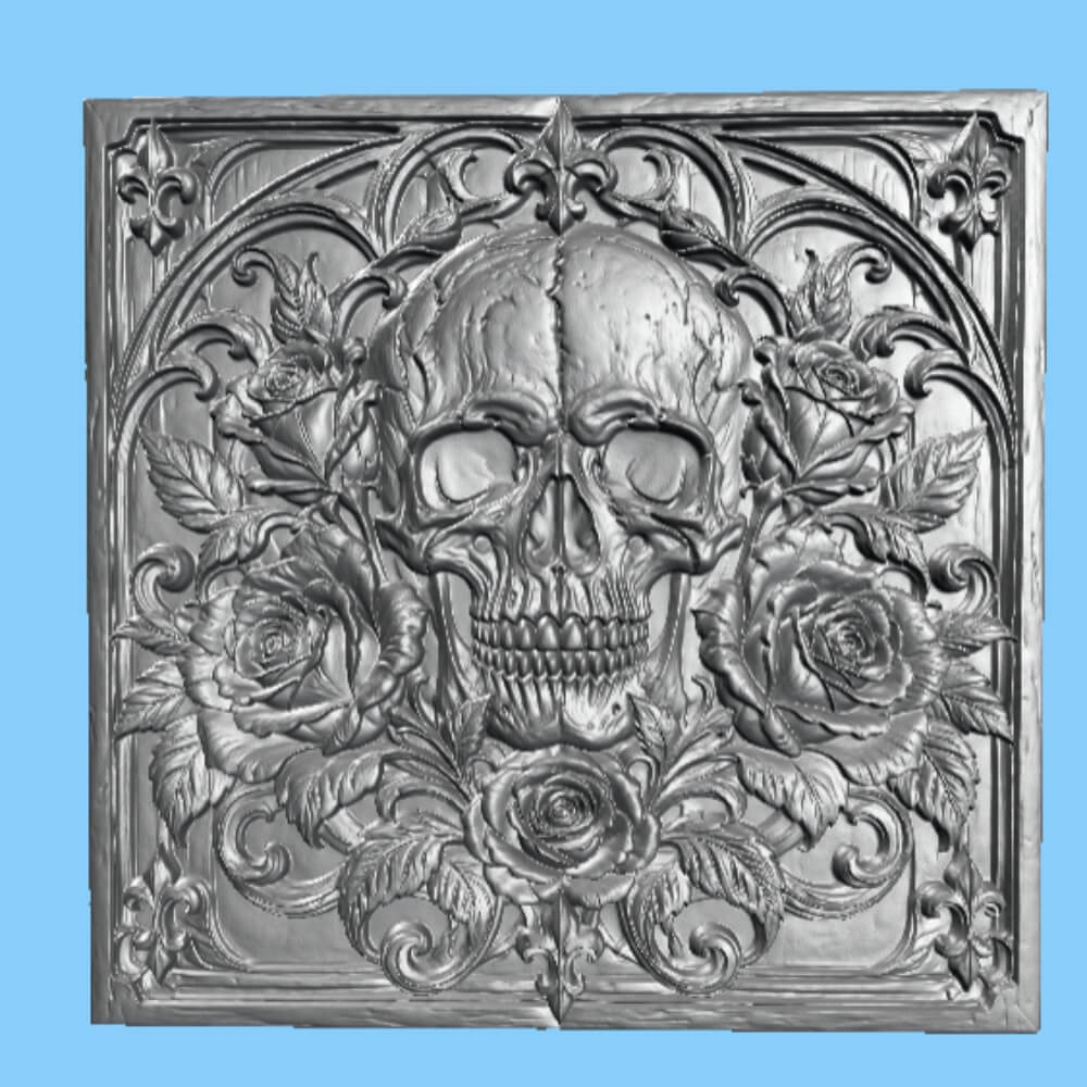 Gothic Skull and Roses Wood Relief Art Dark Floral Decor 3D Model