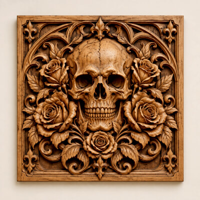 Gothic Skull and Roses Wood Relief Art Dark Floral Decor