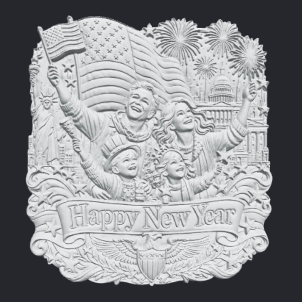 Happy New Year USA Family Celebration CNC Wood Carving STL 3D Model